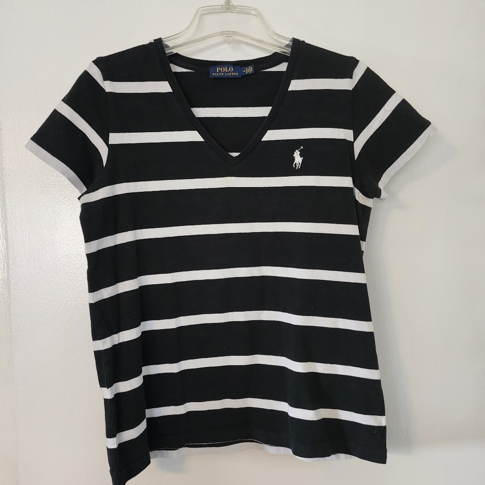 Polo by Ralph Lauren Women's Striped Black and White Tee